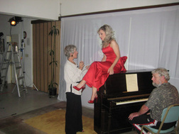 Ina coaches Nikki Gratson, as pianist Craig Kupka waits for cue on set of 'Thanks for the Boobs!'